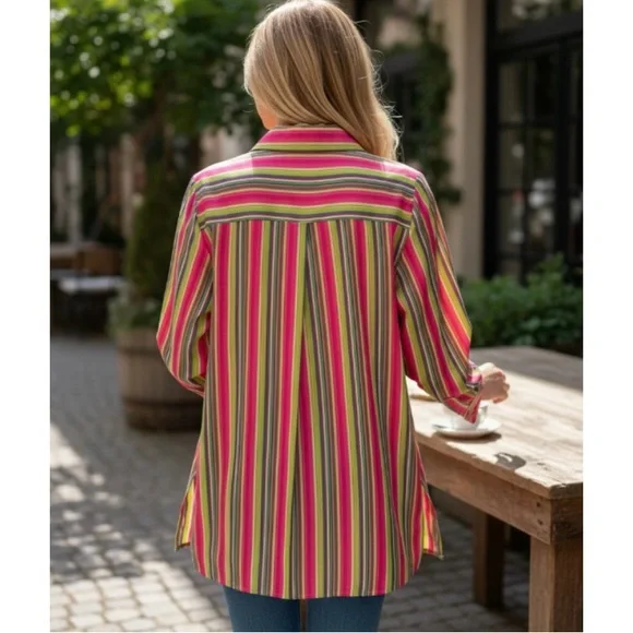 Foxcroft Striped Long Sleeve Button Down Shirt Size 14 - Picture 2 of 10